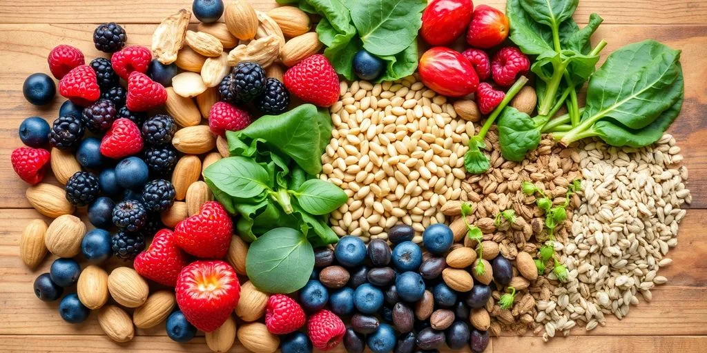 Assortiment de super-aliments colorés et sains.