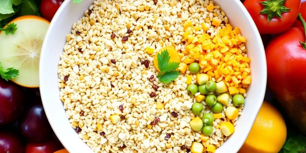 Céréales complètes dans un bol avec légumes frais.