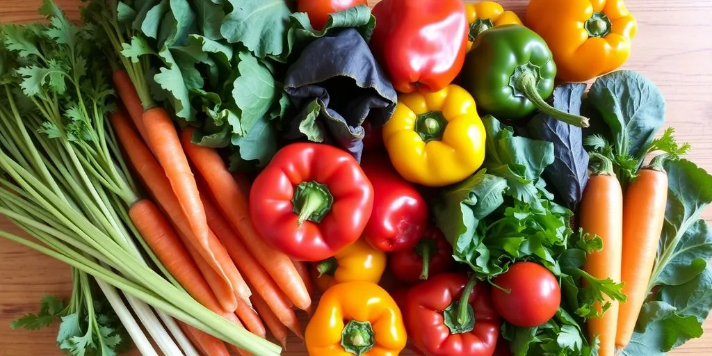 Assortiment de légumes frais colorés sur une table en bois.