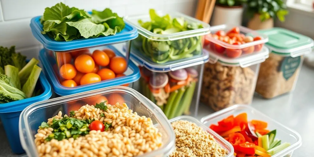 Préparation de repas sains dans des contenants colorés.