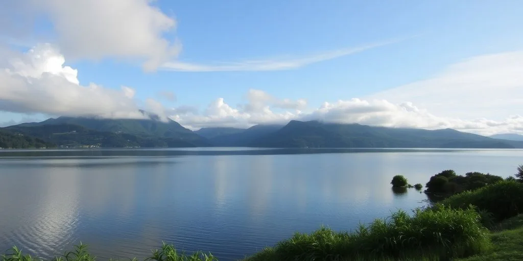 Un paysage serein avec un lac calme et verdoyant.