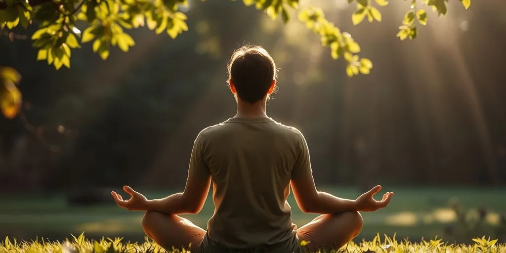 Personne méditant dans la nature, ambiance paisible.