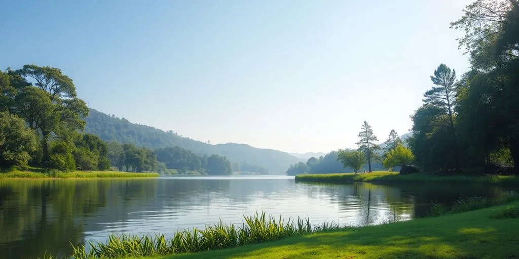 Un paysage serein avec un lac calme et verdure.