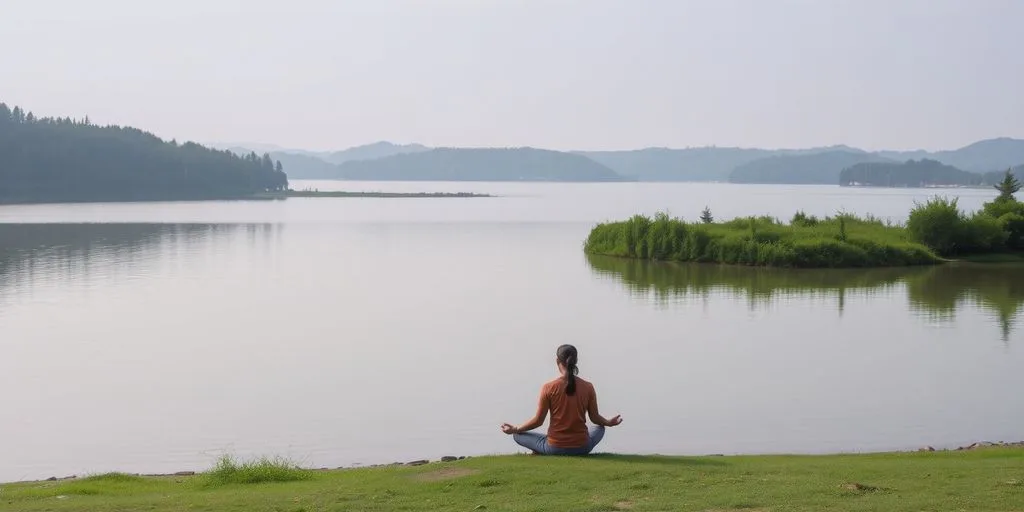 Person méditant au bord d'un lac paisible.