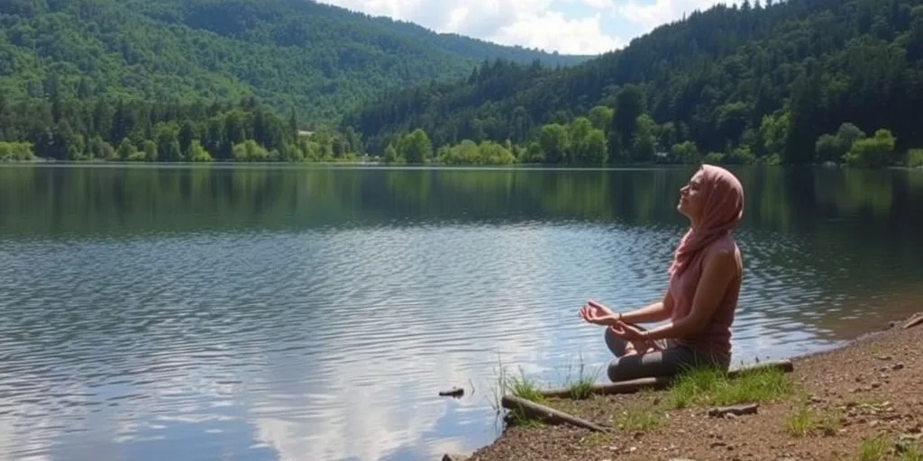Personne méditant au bord d'un lac paisible.