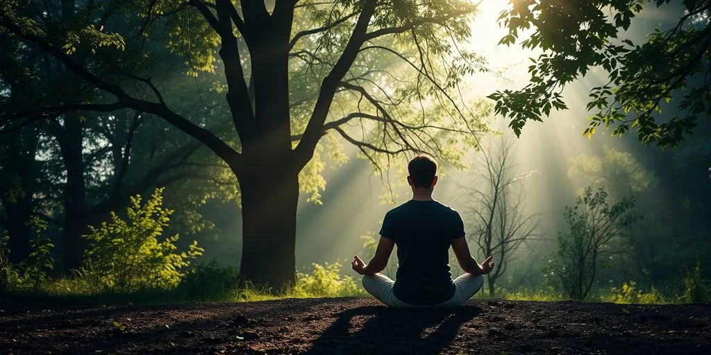 Personne méditant dans la nature, ambiance paisible.