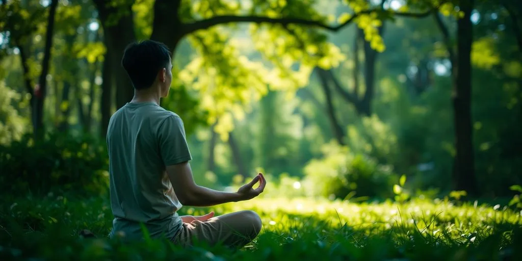 Personne méditant dans la nature, entourée de verdure.