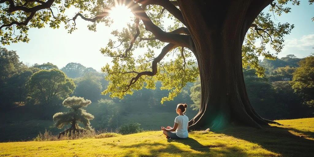 Personne méditant dans la nature, entourée de verdure.