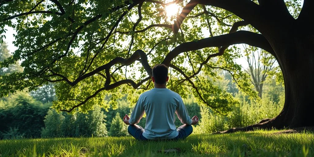 Personne méditant dans la nature, entourée de verdure.