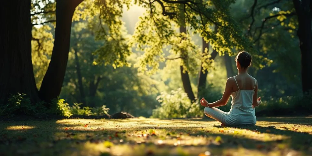 Personne méditant dans la nature, ambiance paisible.