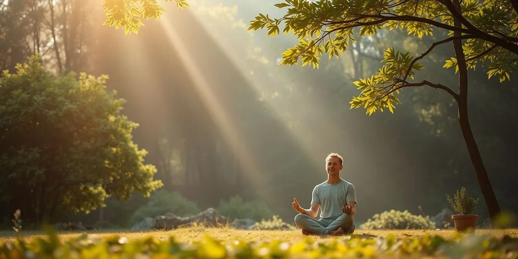 Personne méditant dans la nature, entourée de verdure.