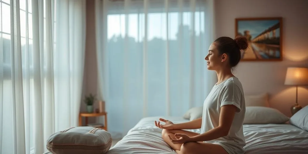 Personne méditant dans une chambre paisible.
