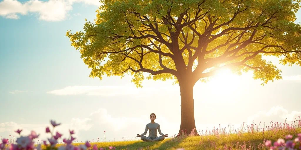 Personne méditant sous un arbre, ambiance paisible.