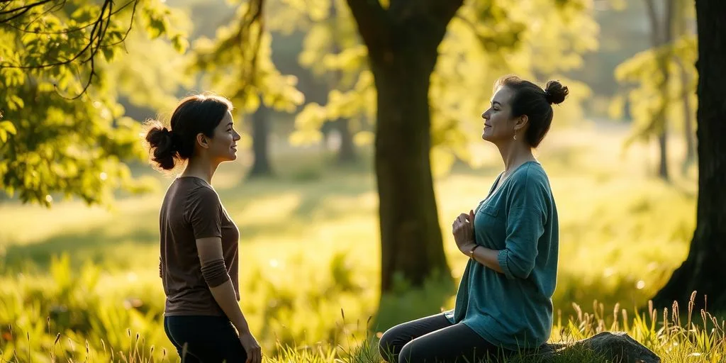 Deux personnes en pleine conversation consciente dans la nature.
