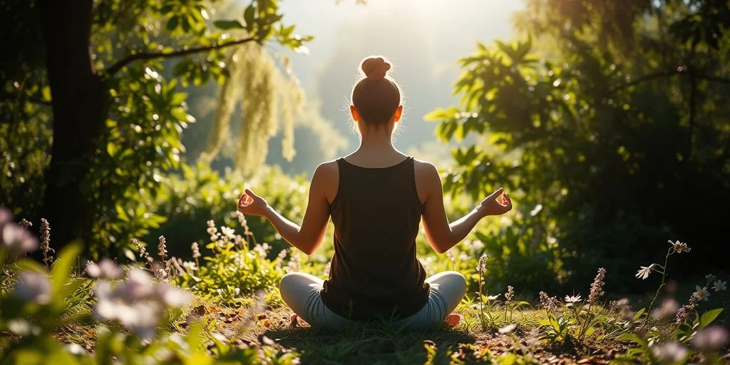 Personne méditant dans la nature, entourée de verdure.