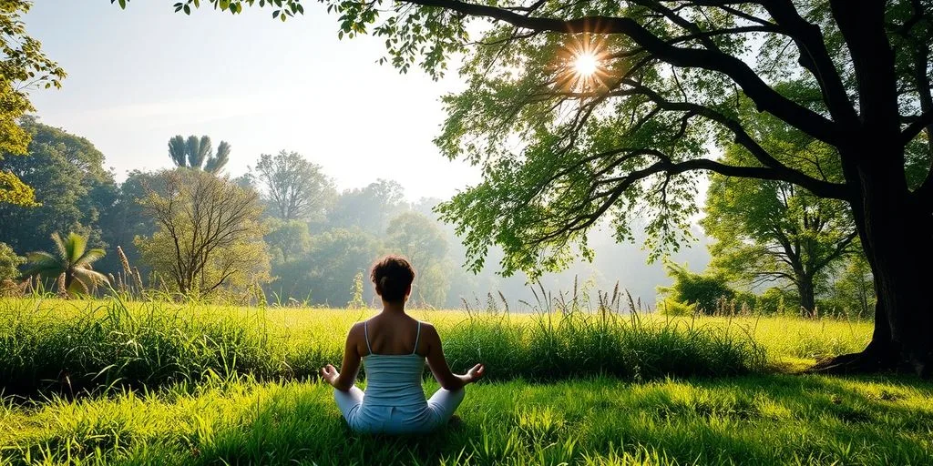 Personne méditant dans la nature, entourée de verdure.