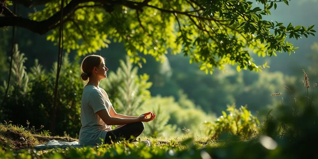 Personne méditant dans la nature, entourée de verdure.