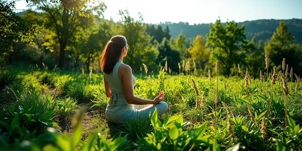Personne méditant dans la nature, entourée de verdure.