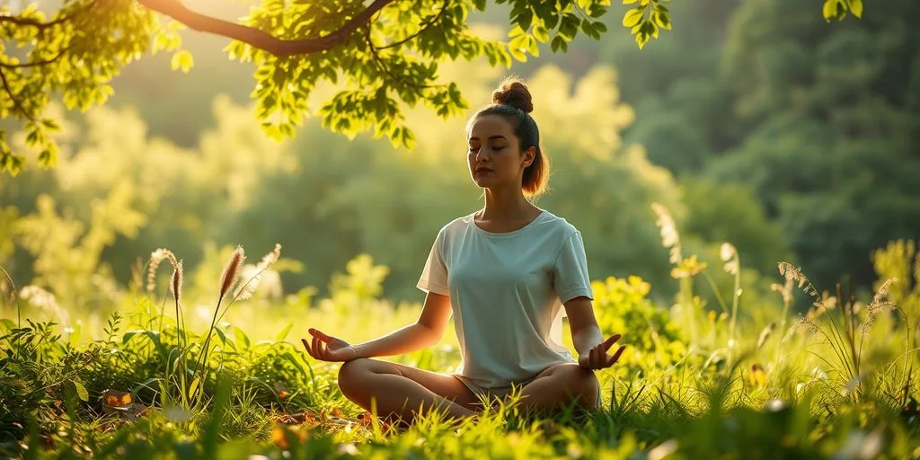 Personne méditant dans la nature, entourée de verdure.