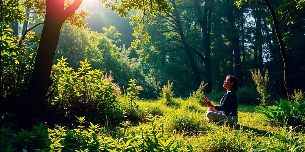 Personne méditant dans la nature, ambiance paisible.