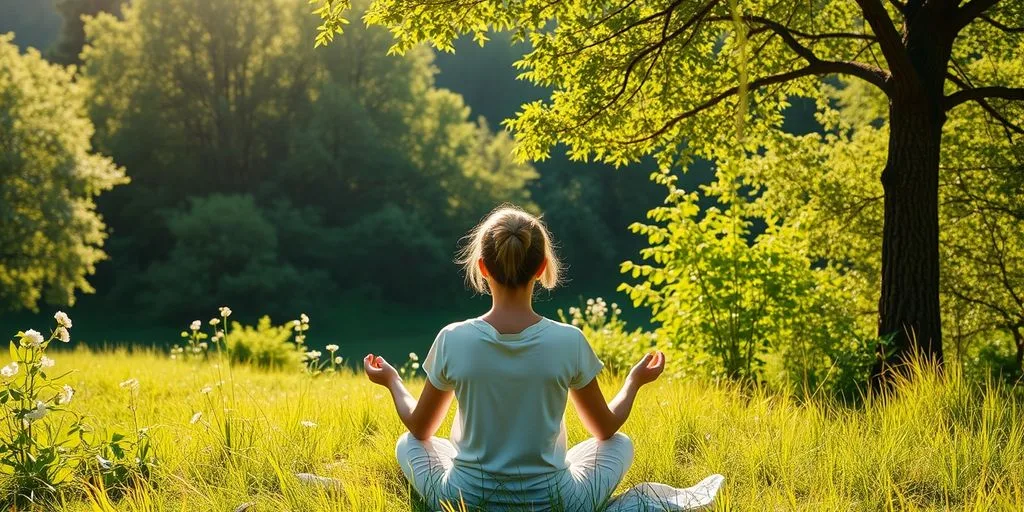 Personne méditant dans la nature, entourée de verdure.