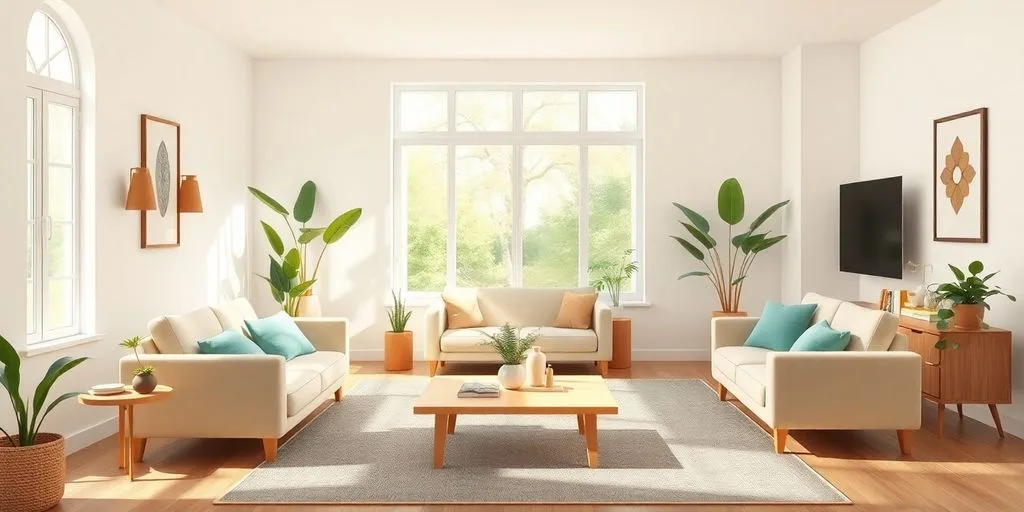 Intérieur harmonieux avec plantes et lumière douce.