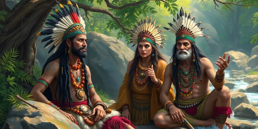 Chamanes contemporains dans la nature avec des vêtements traditionnels.