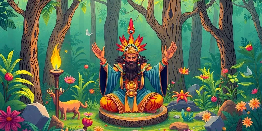 Un chaman effectuant un rituel dans une forêt verdoyante.
