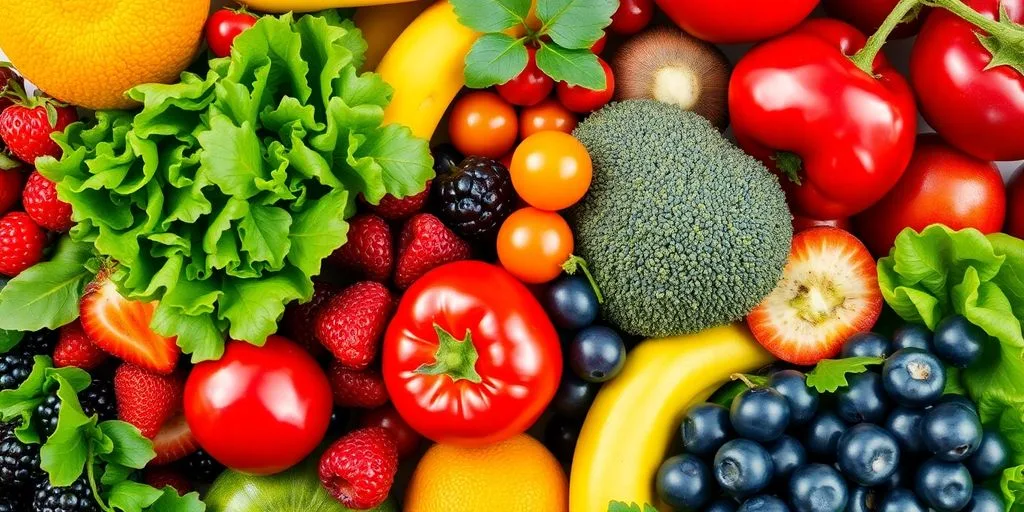 Assortiment coloré de fruits et légumes frais.