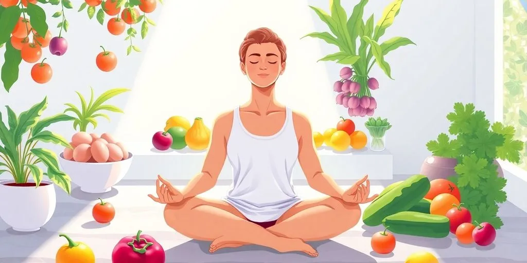 Image d'une personne méditant entourée de fruits et légumes.