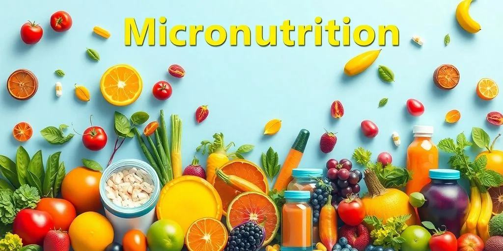 Illustration de fruits et légumes colorés et vitamines.