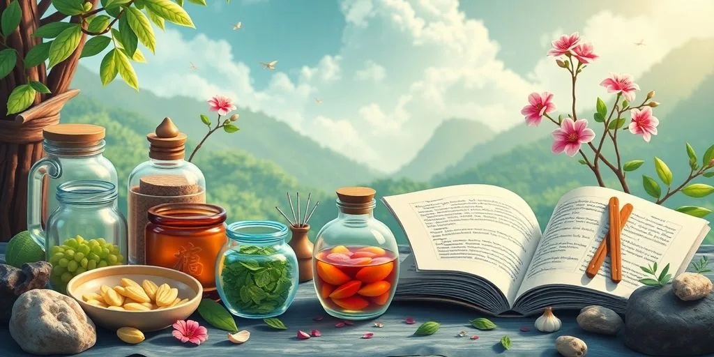 Médecine chinoise traditionnelle avec herbes et aiguilles.