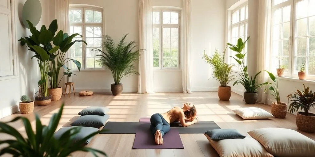 Personne pratiquant le yoga restauratif dans un studio lumineux.