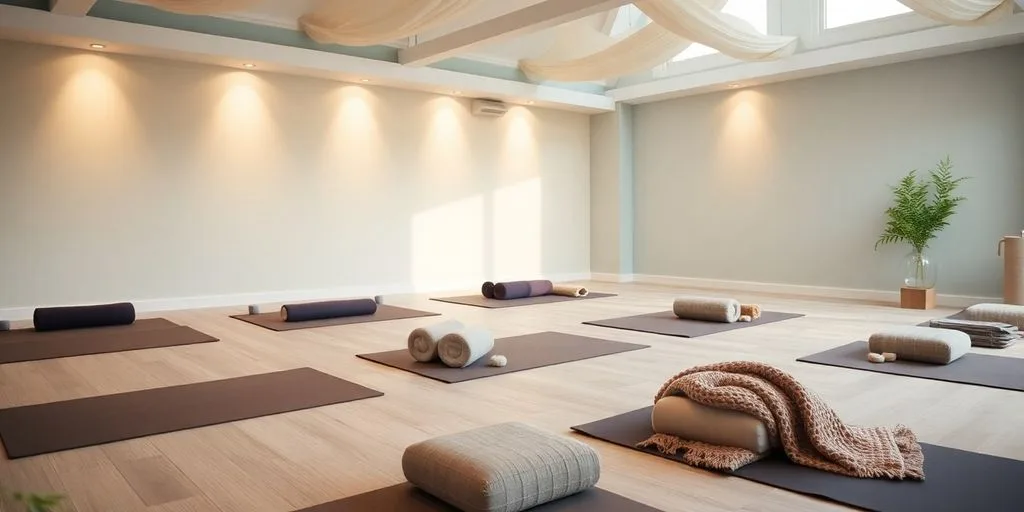 Studio de yoga calme et relaxant avec des accessoires.
