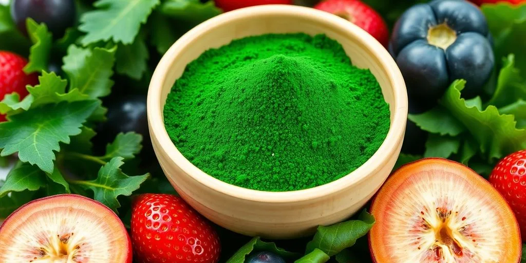 Spiruline en poudre et algues fraîches sur une table.