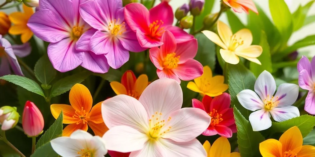 Fleurs de Bach colorées entourées de feuillage verdoyant.
