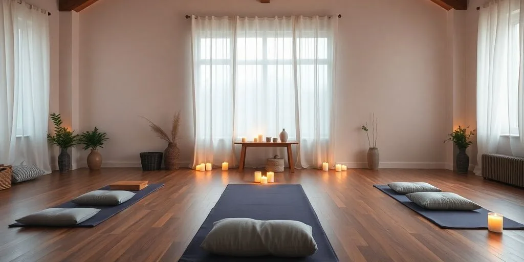 Espace de méditation avec tapis et coussins.