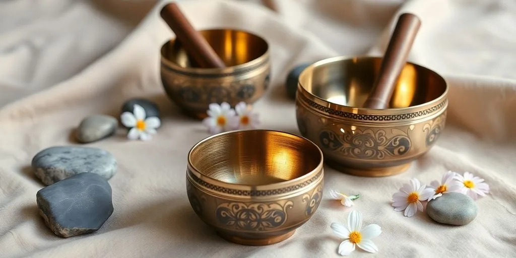 Bols chantants sur tissu naturel avec des fleurs.
