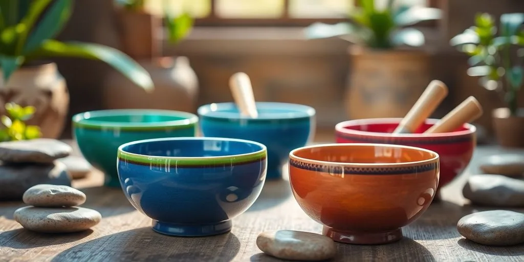 Bols chantants colorés dans un cadre paisible et lumineux.