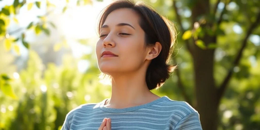 Personne respirant profondément dans un cadre naturel.