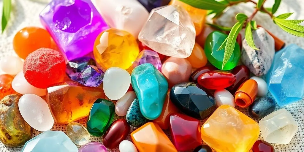 Arrangement de pierres et cristaux colorés et lumineux.