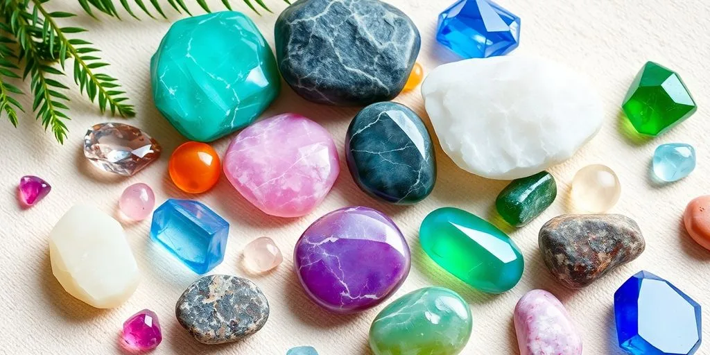 Assortiment de pierres et cristaux colorés en lumière.