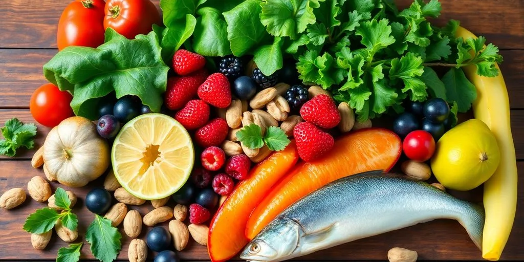 Aliments anti-inflammatoires colorés sur une table en bois.