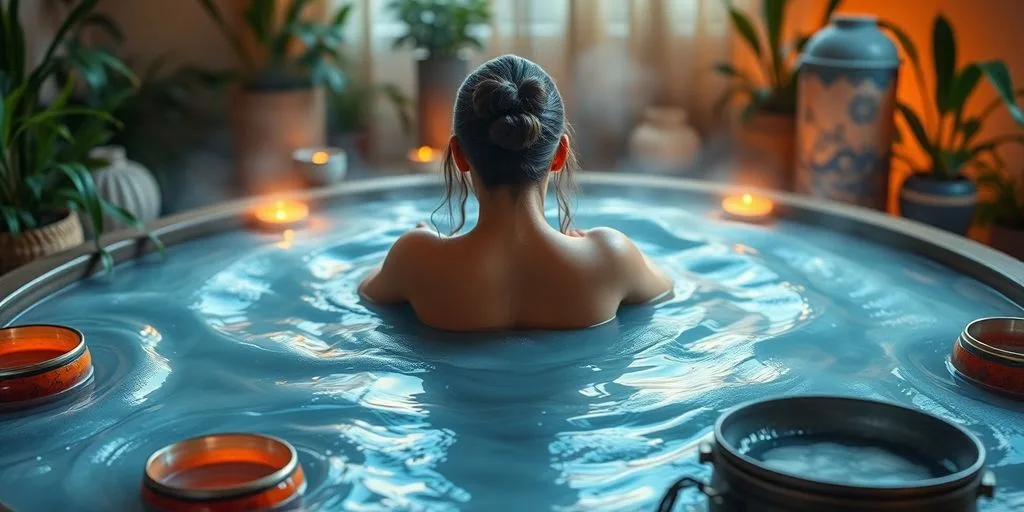 Person dans un bain sonore entouré de bols colorés.