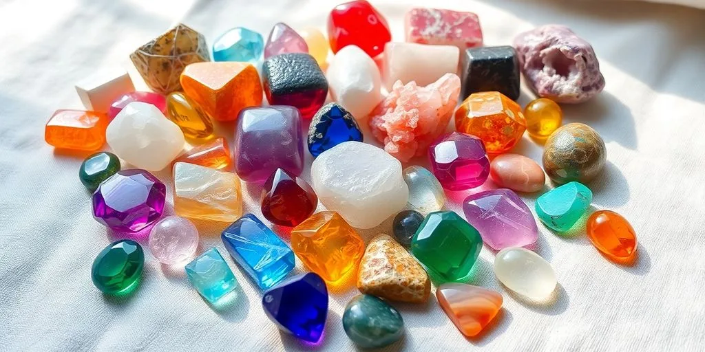 Collection de pierres précieuses colorées sur tissu naturel.