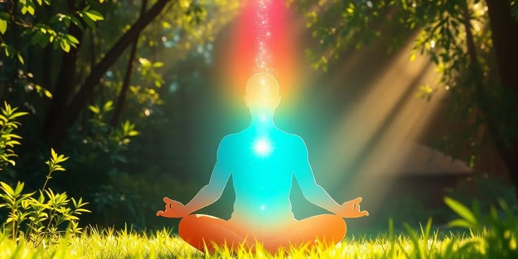 Personne méditant avec une énergie lumineuse autour d'eux.