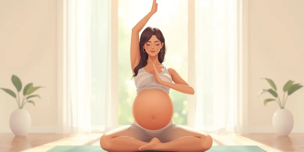 Femme enceinte faisant du yoga dans un cadre serein.