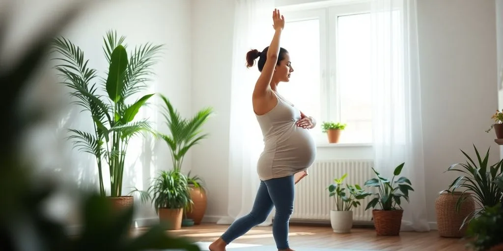 Femme enceinte pratiquant le yoga dans une pièce lumineuse.