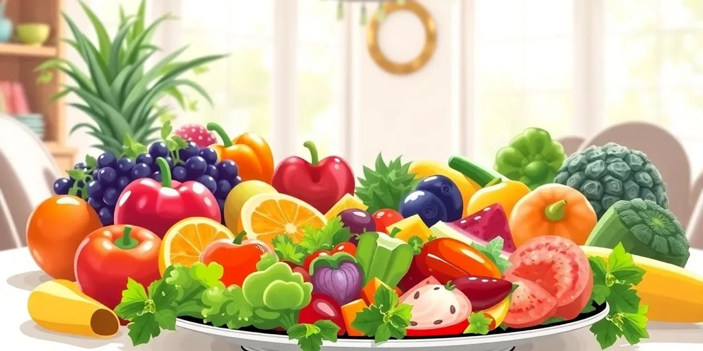 Assiette de fruits et légumes colorés en pleine nature.