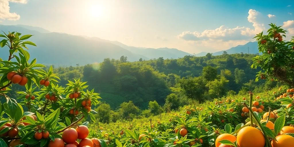 Nature luxuriante avec fruits colorés et soleil radieux.